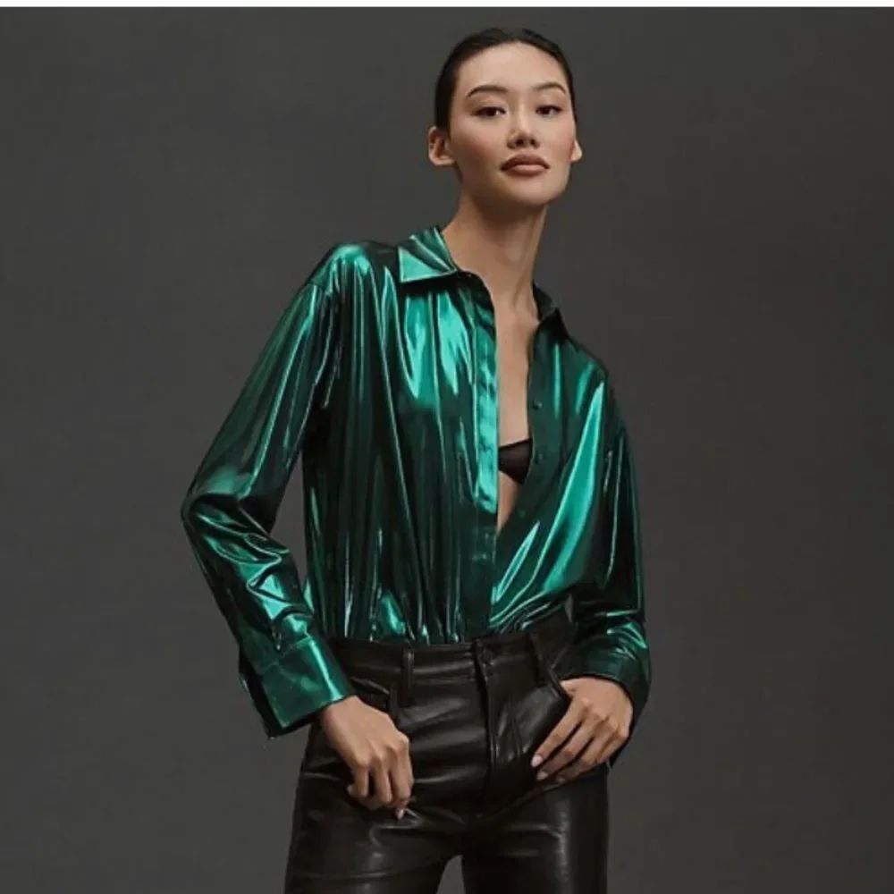 By Anthropologie size XS The Gillian Liquid Shine Buttondown Shirt Green
